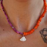 Necklace in Coral, Dyed Magnesite, & African Shell w/ Freshwater Pearl