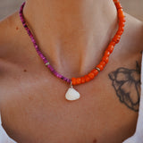 Necklace in Coral, Dyed Magnesite, & African Shell w/ Freshwater Pearl