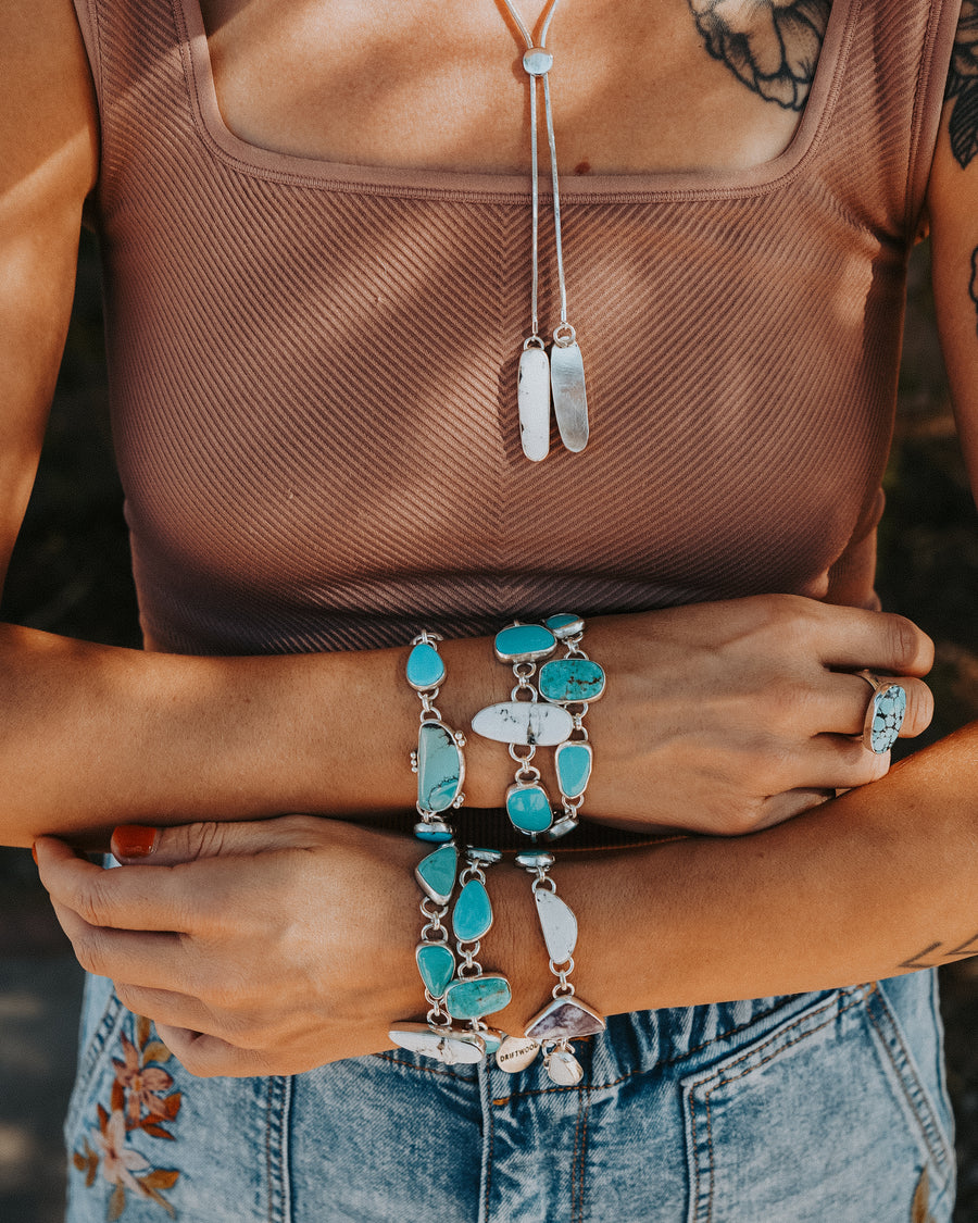 The Stepping Stone Bracelet in Campitos Turquoise, Charoite, & White Buffalo