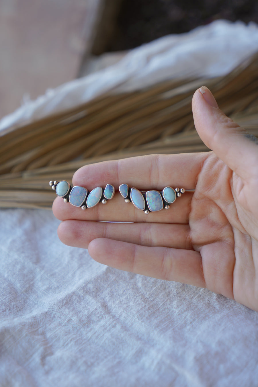 Ear Crawlers in Boulder Opal Doublet, Sterling Opal, & Larimar