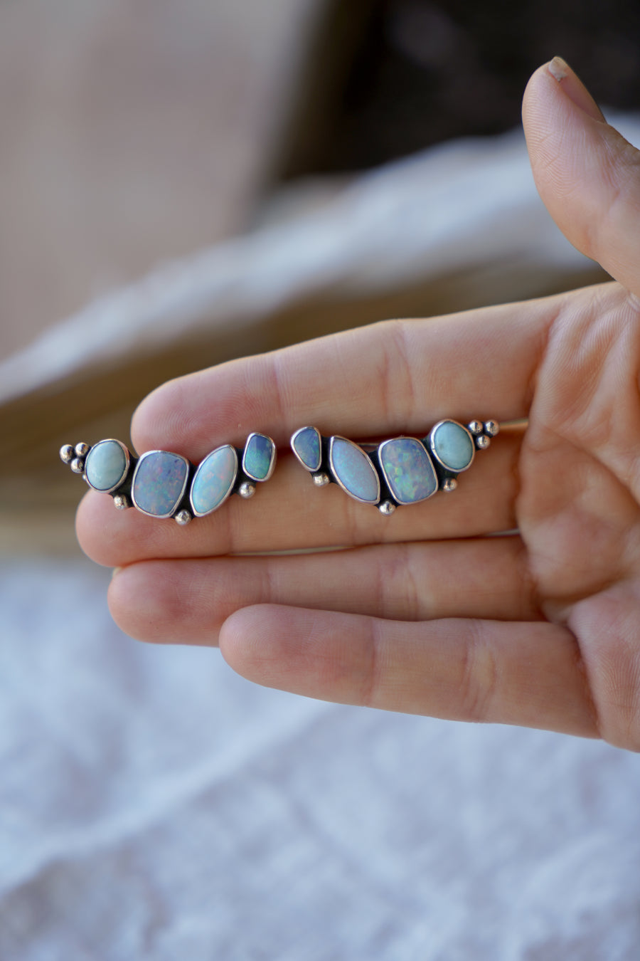 Ear Crawlers in Boulder Opal Doublet, Sterling Opal, & Larimar