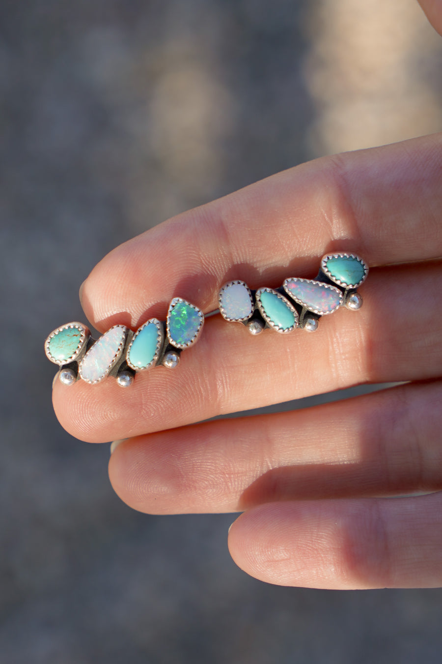 Ear Crawlers in Boulder Opal Doublet, Campitos, & Kingman Turquoise