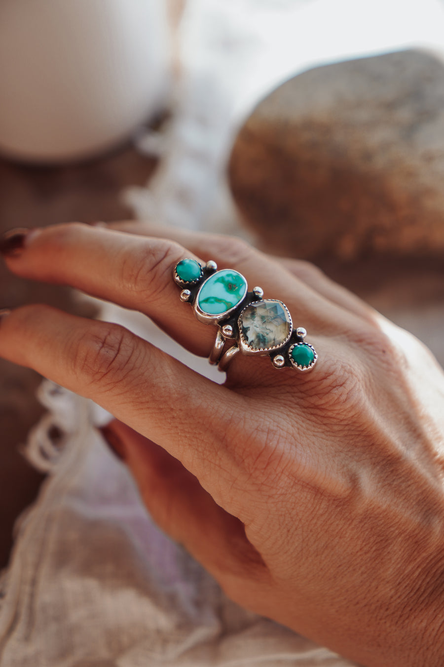 Cairn Ring in Moss Agate, Hubei & Turquoise Mountain Turquoise (Size 6.5)