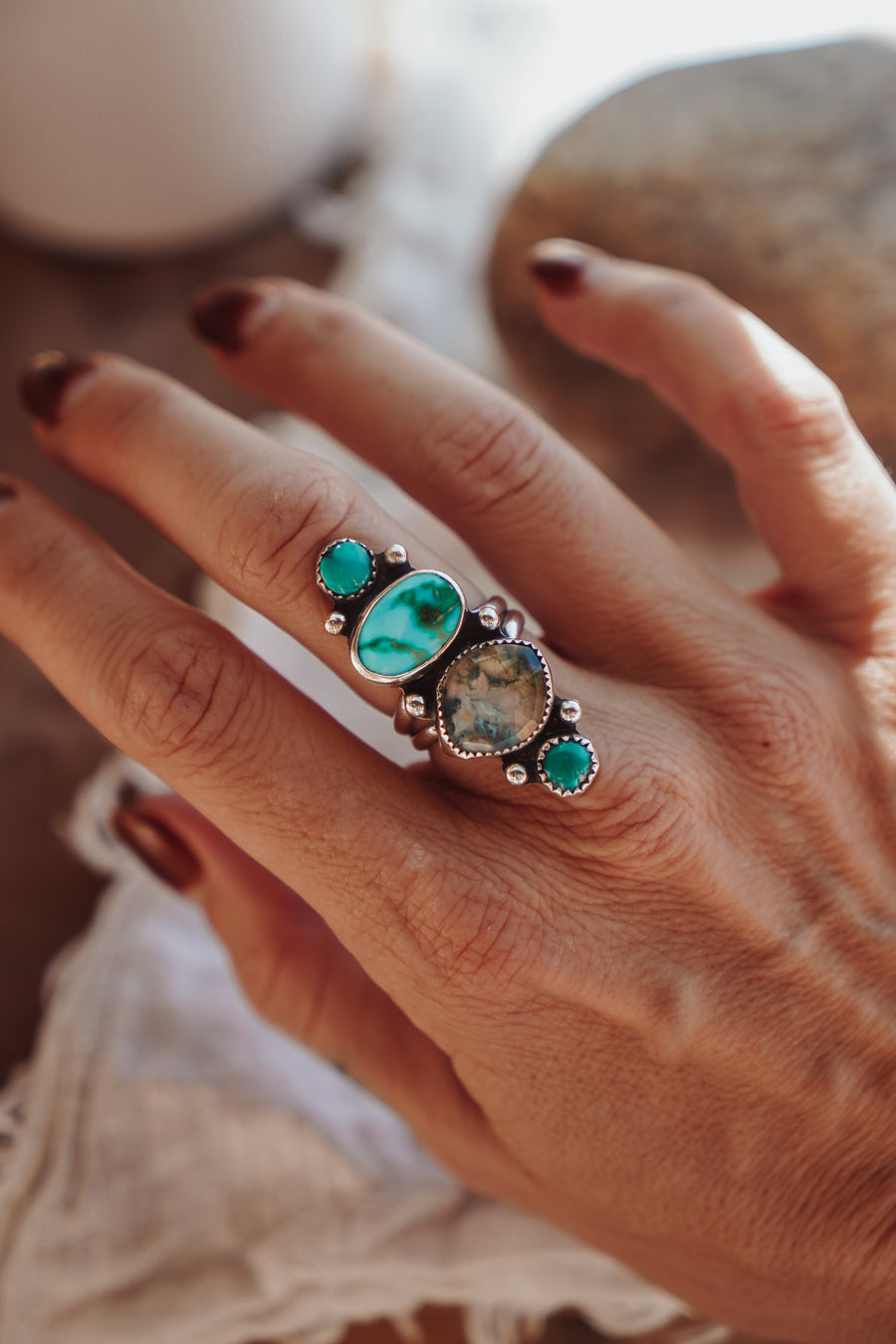 Cairn Ring in Moss Agate, Hubei & Turquoise Mountain Turquoise (Size 6.5)