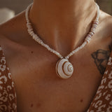 Vintage Puka Shell Necklace with Quartz & Shiva Eye Shell