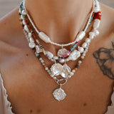Puka Shell & Freshwater Pearl Necklace with Sterling Silver Flower Bouquet Charm