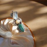 Cairn Ring in Tyrone Turquoise, Ethiopian Opal, & Rainbow Moonstone (Size 8)