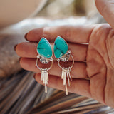Stud Earrings in Hubei Turquoise with Sterling Silver Fringe