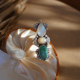 Cairn Ring in Tyrone Turquoise, Ethiopian Opal, & Rainbow Moonstone (Size 8)