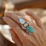 Cairn Ring in Tyrone Turquoise, Ethiopian Opal, & Rainbow Moonstone (Size 8)