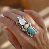 Cairn Ring in Tyrone Turquoise, Ethiopian Opal, & Rainbow Moonstone (Size 8)
