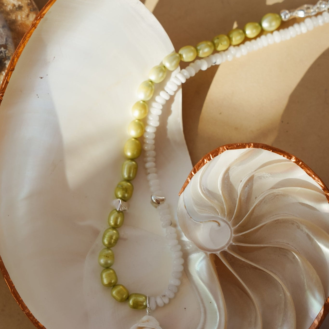 Bead Necklace in Freshwater Pearl, Quartz, & African Shell - Golden Road Crafted