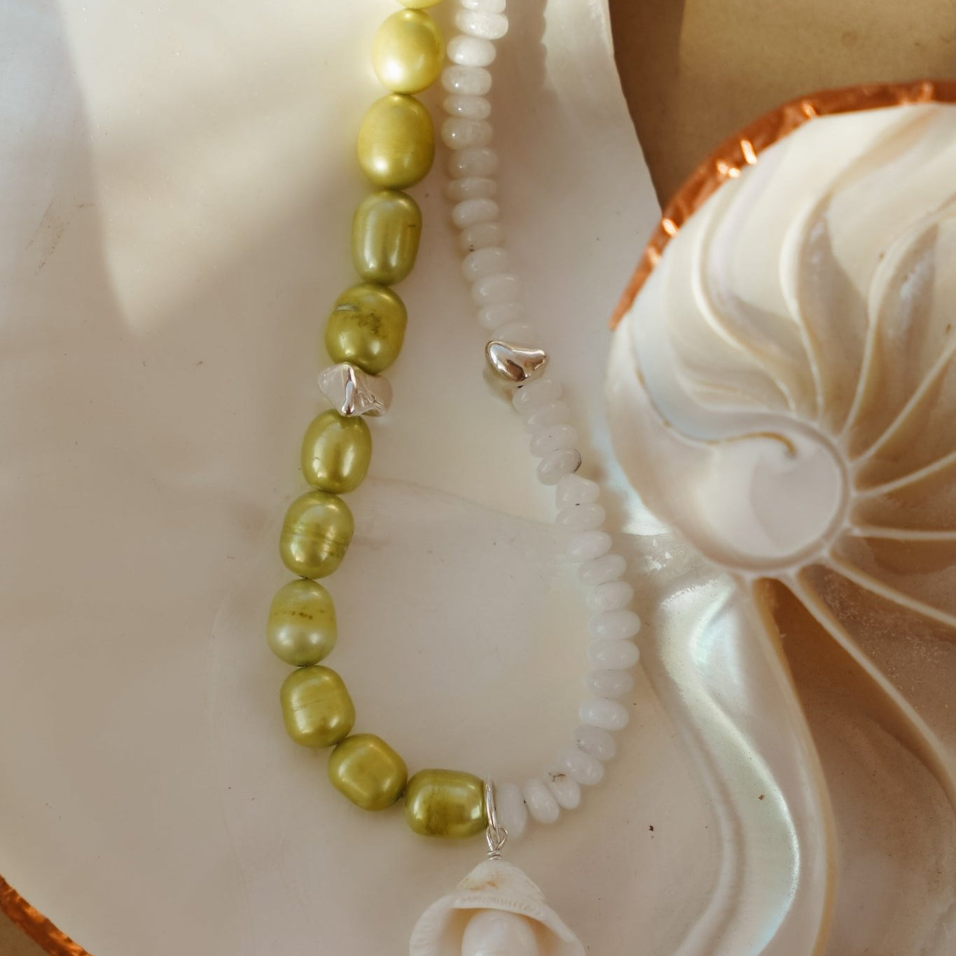 Bead Necklace in Freshwater Pearl, Quartz, & African Shell - Golden Road Crafted
