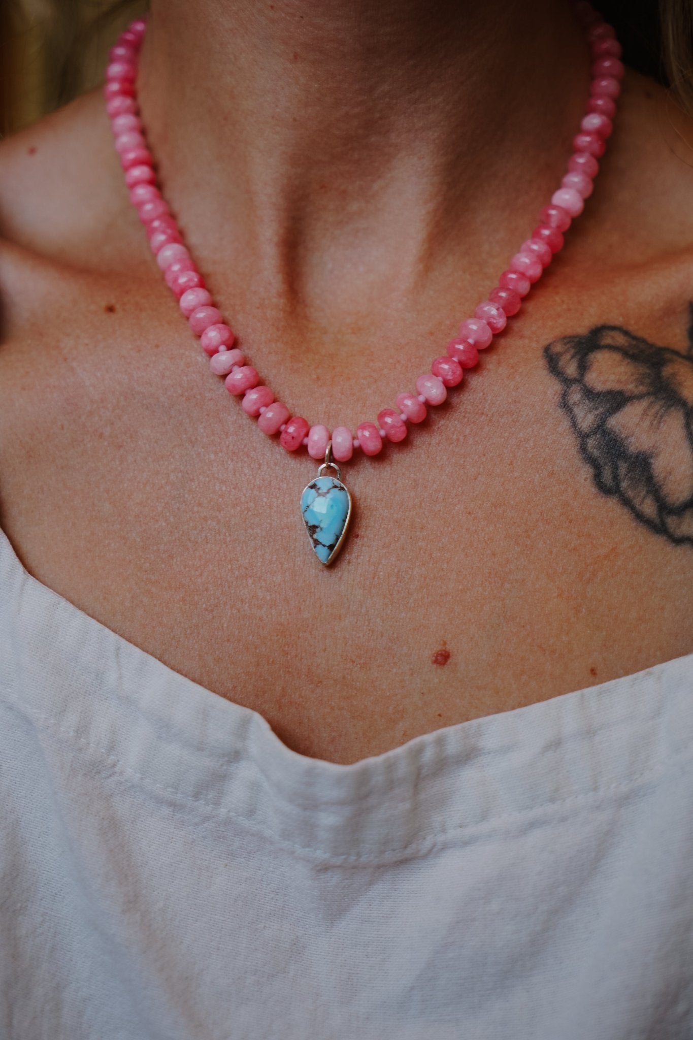 Blossom Babe Necklace in Golden Hills + Rose Quartz Beads - Golden Road Crafted