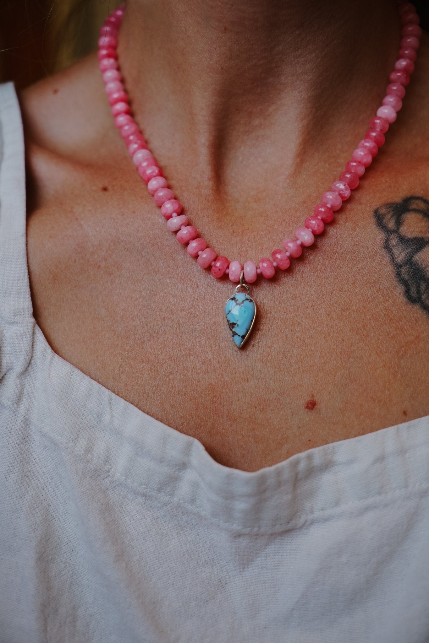 Blossom Babe Necklace in Golden Hills + Rose Quartz Beads - Golden Road Crafted