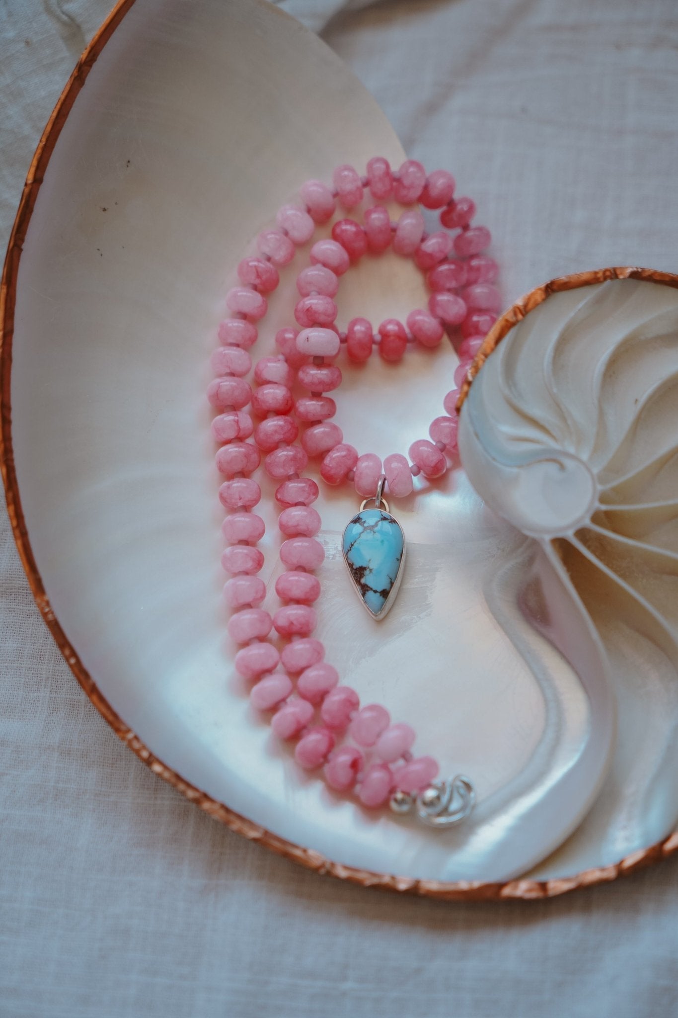 Blossom Babe Necklace in Golden Hills + Rose Quartz Beads - Golden Road Crafted