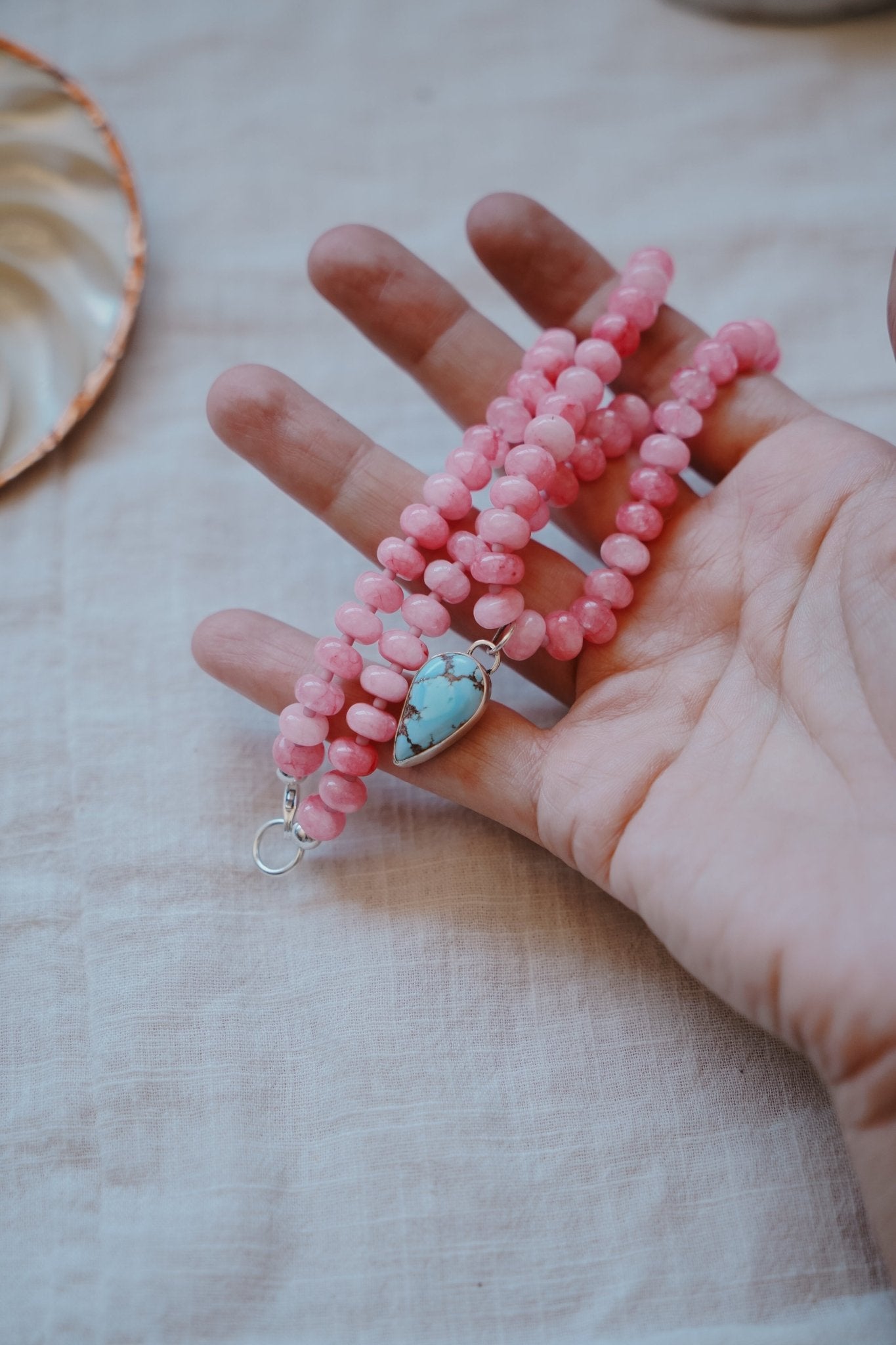 Blossom Babe Necklace in Golden Hills + Rose Quartz Beads - Golden Road Crafted