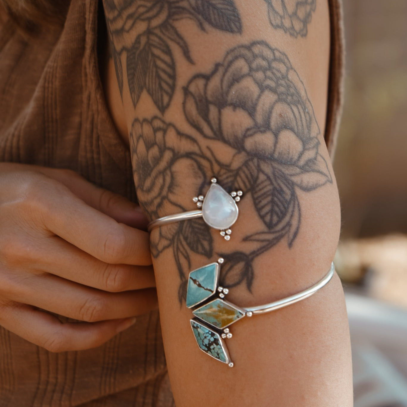 Boho Arm Band in Hubei Turquoise + Rainbow Moonstone - Golden Road Crafted