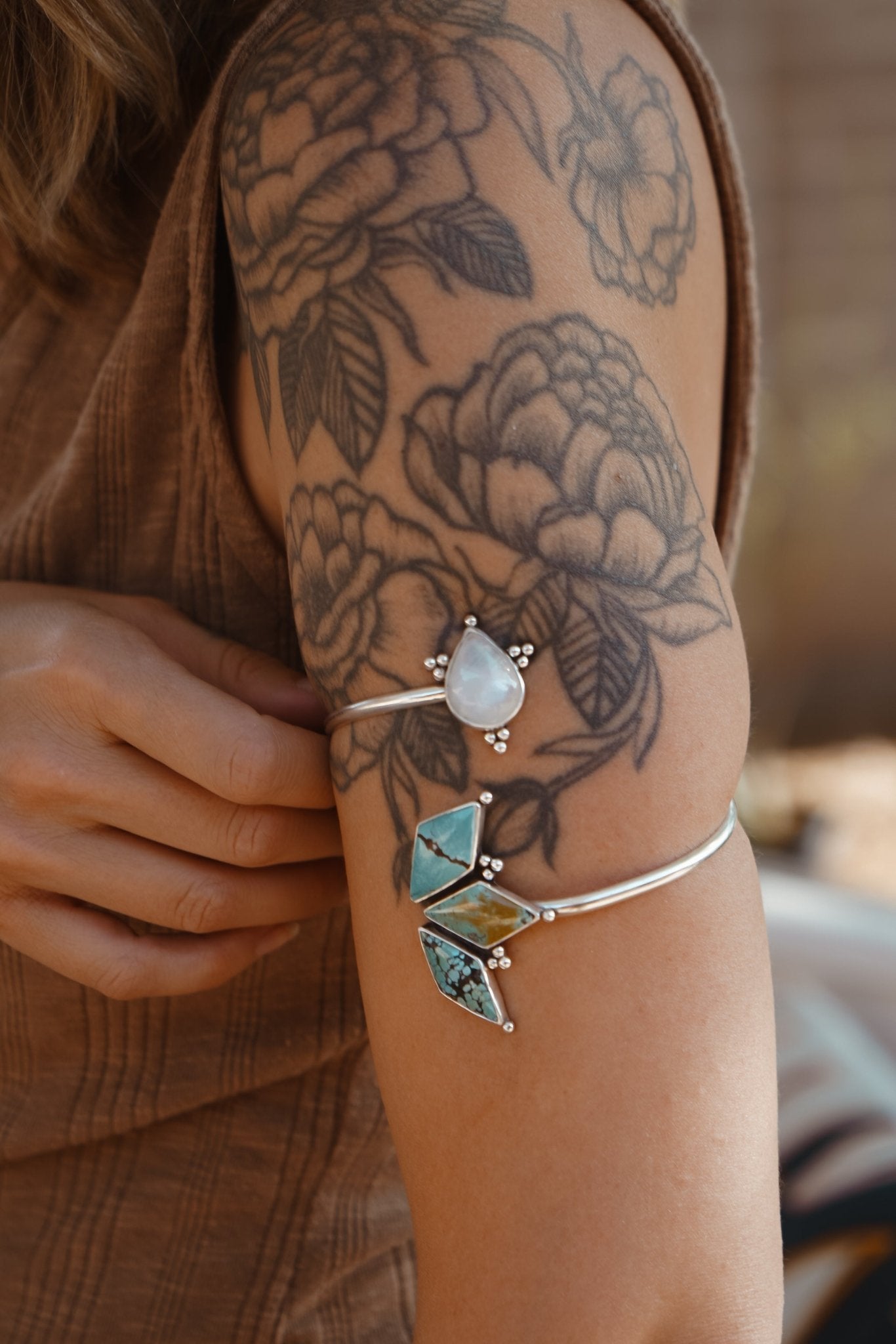 Boho Arm Band in Hubei Turquoise + Rainbow Moonstone - Golden Road Crafted
