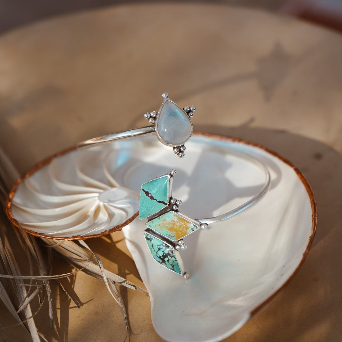 Boho Arm Band in Hubei Turquoise + Rainbow Moonstone - Golden Road Crafted