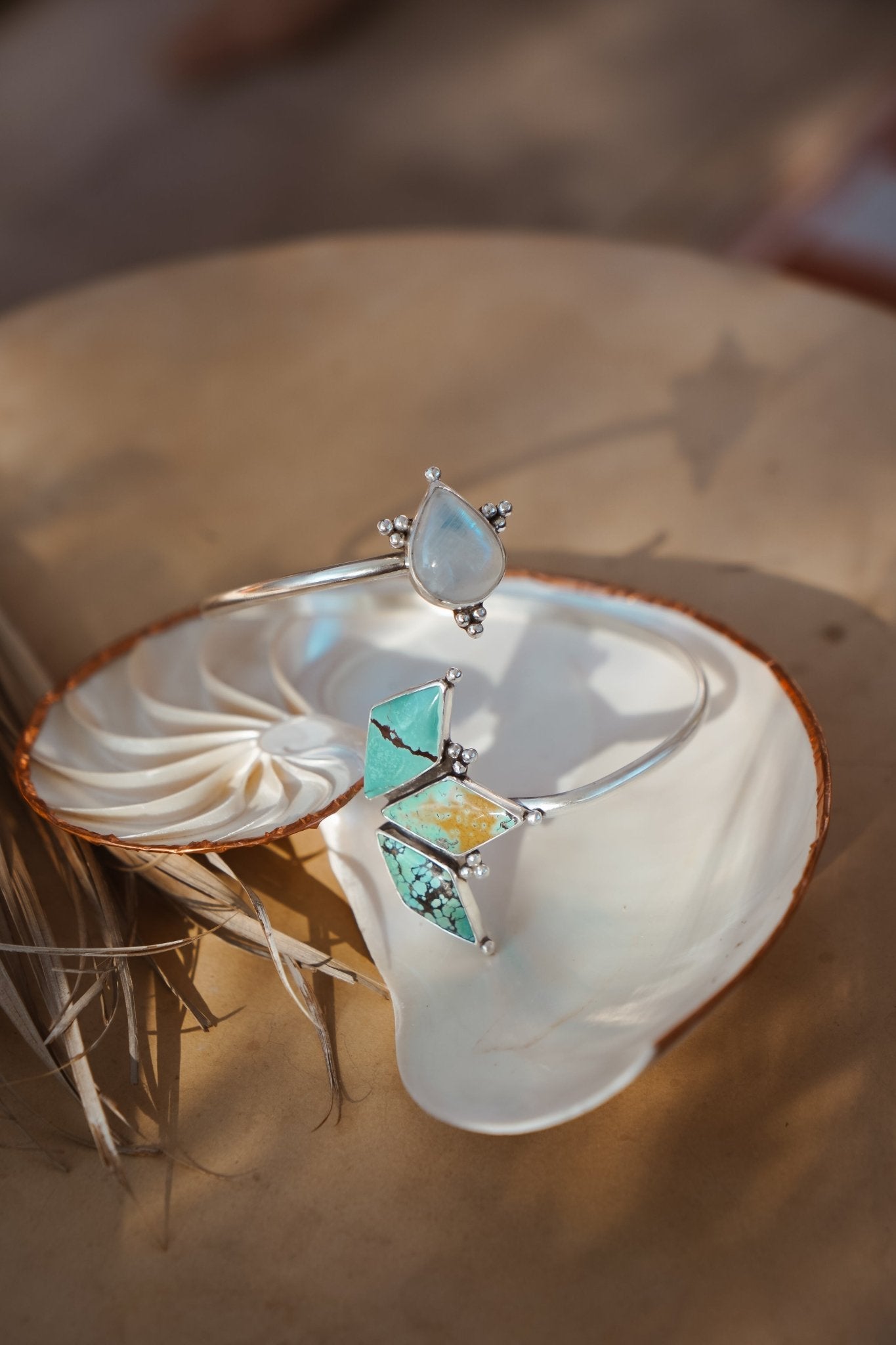Boho Arm Band in Hubei Turquoise + Rainbow Moonstone - Golden Road Crafted