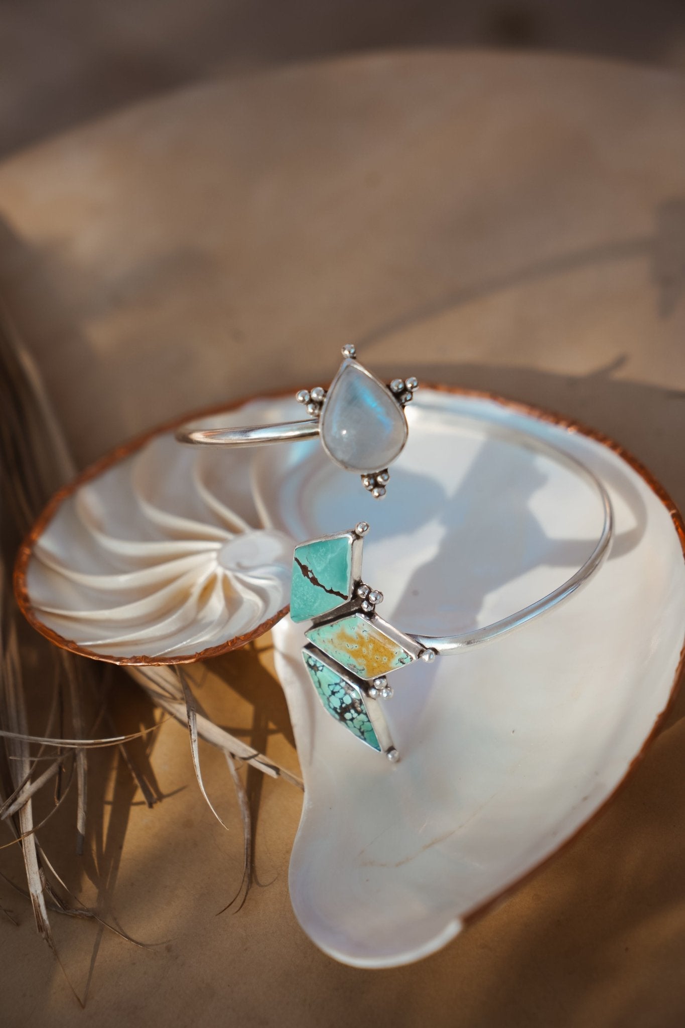 Boho Arm Band in Hubei Turquoise + Rainbow Moonstone - Golden Road Crafted
