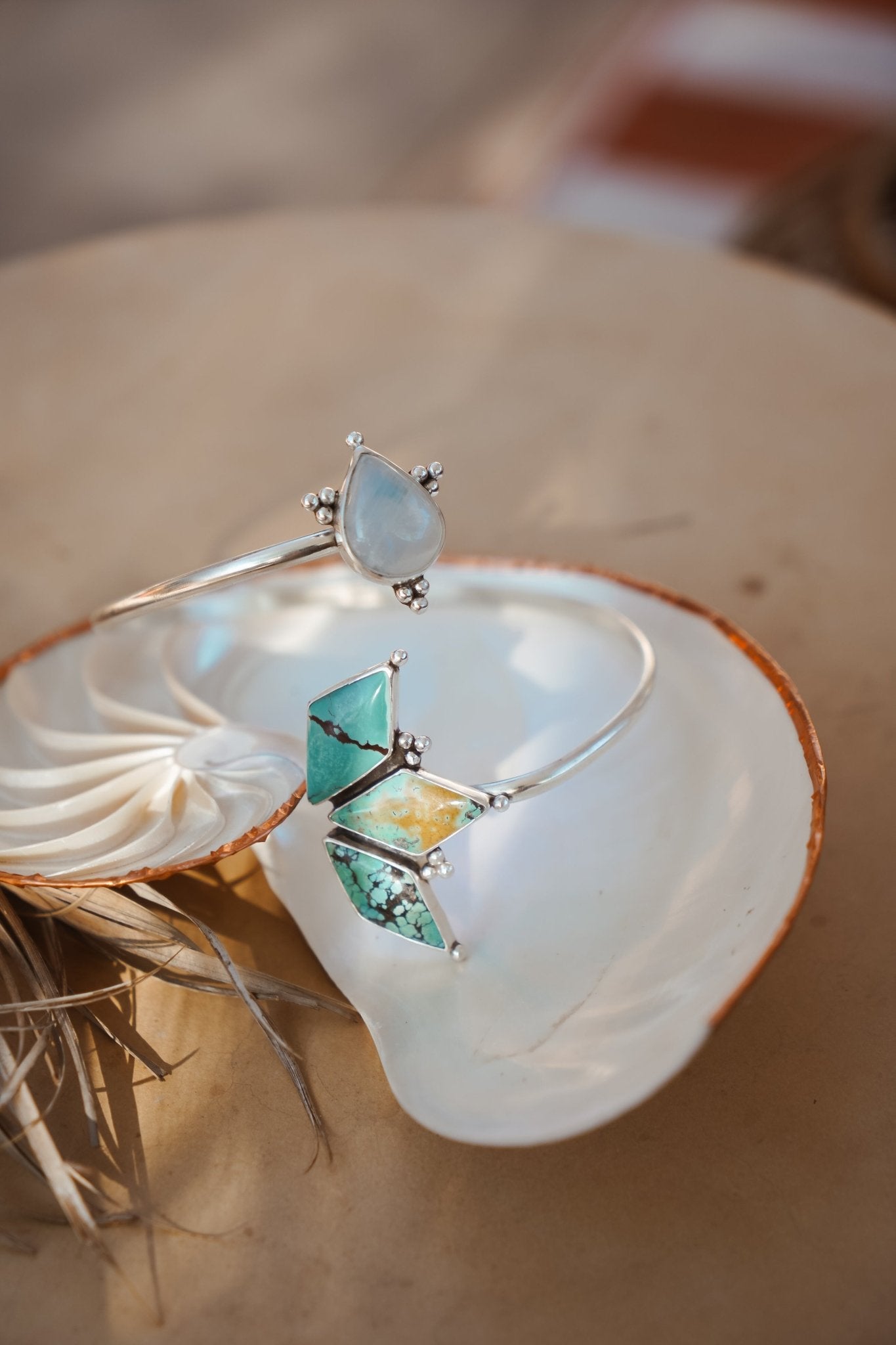 Boho Arm Band in Hubei Turquoise + Rainbow Moonstone - Golden Road Crafted