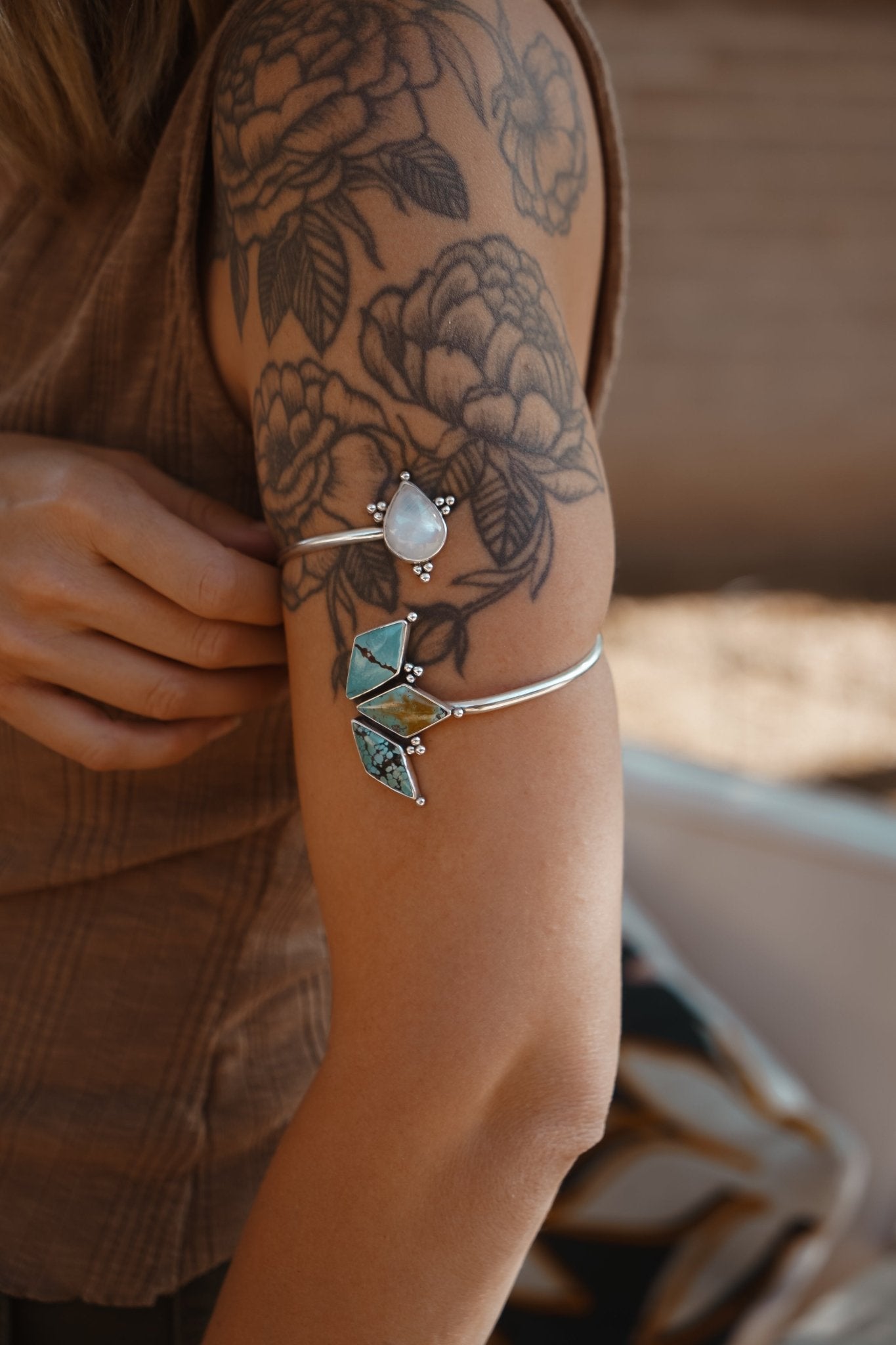 Boho Arm Band in Hubei Turquoise + Rainbow Moonstone - Golden Road Crafted