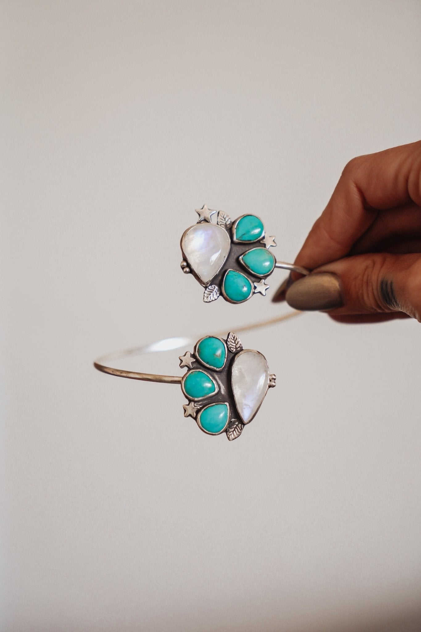 Boho Arm Band in Kingman Turquoise & Rainbow Moonstone - Golden Road Crafted
