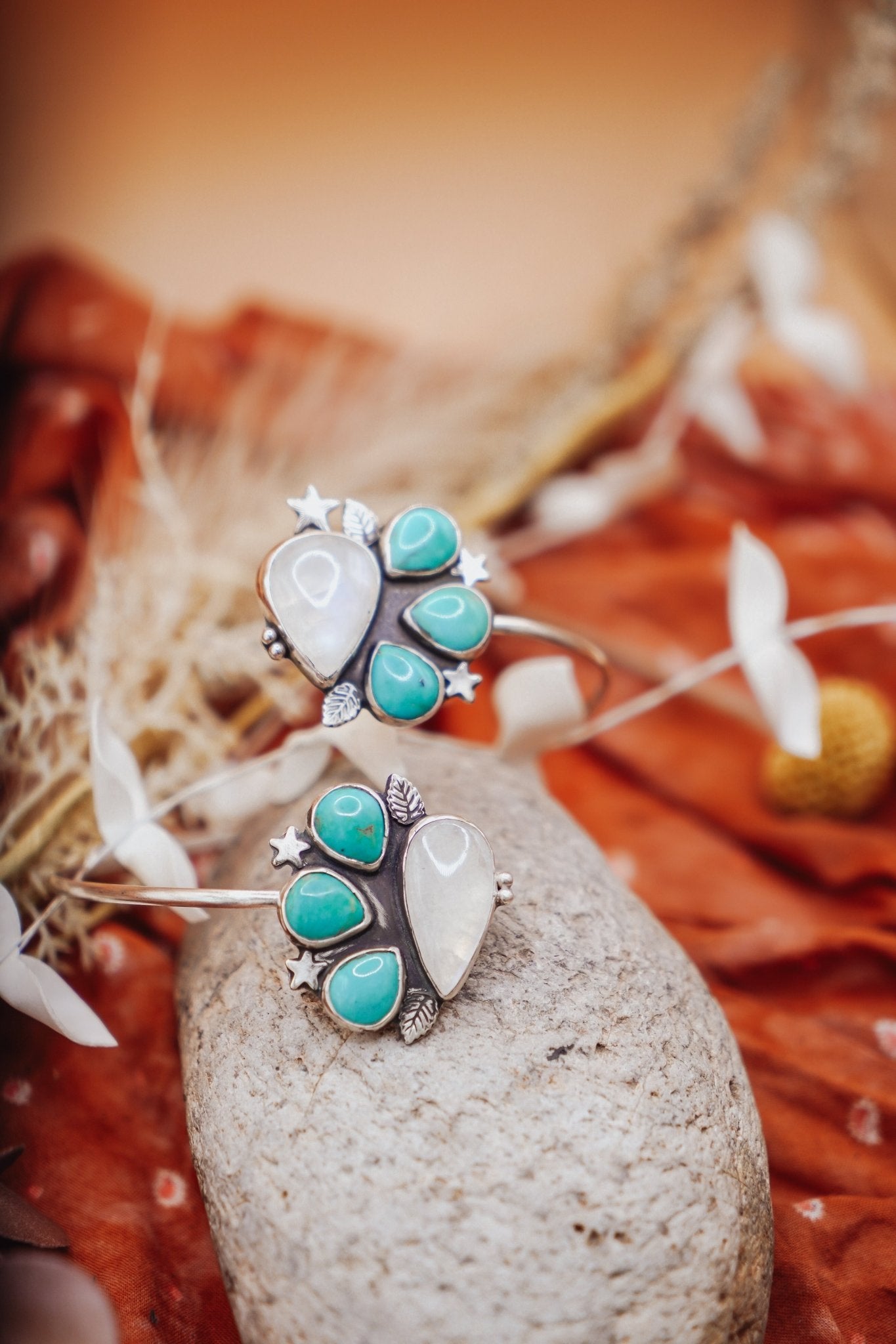 Boho Arm Band in Kingman Turquoise & Rainbow Moonstone - Golden Road Crafted