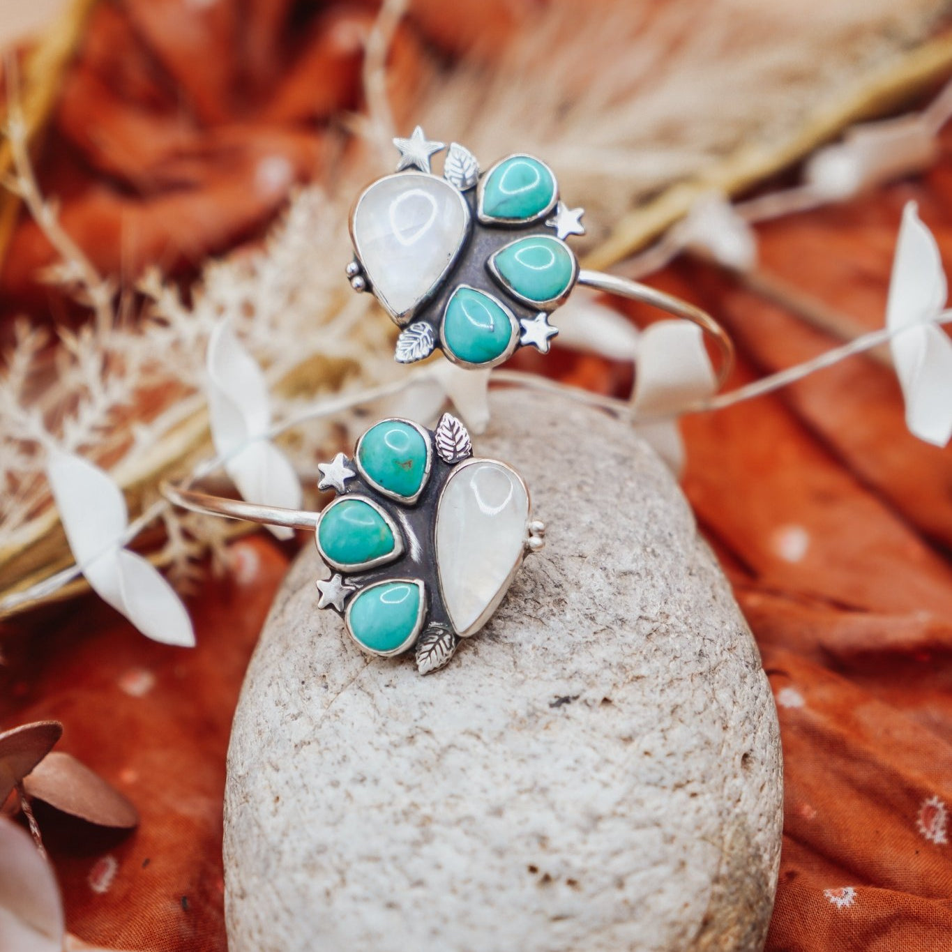 Boho Arm Band in Kingman Turquoise & Rainbow Moonstone - Golden Road Crafted
