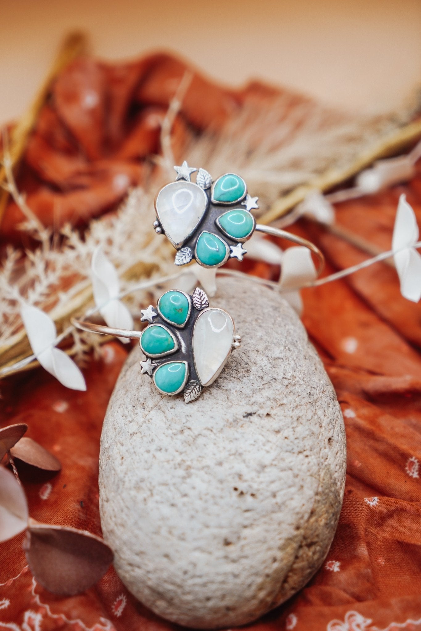 Boho Arm Band in Kingman Turquoise & Rainbow Moonstone - Golden Road Crafted