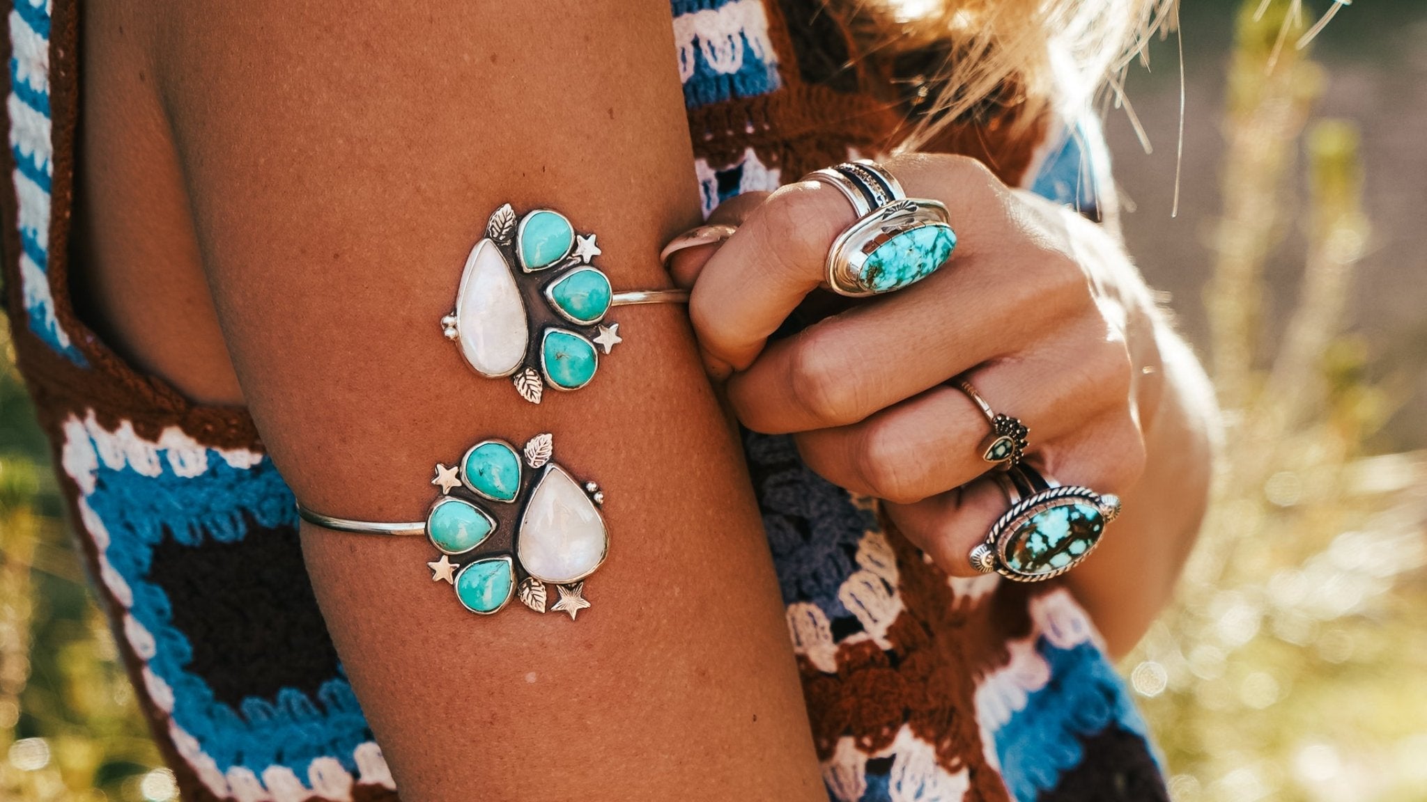Boho Arm Band in Kingman Turquoise & Rainbow Moonstone - Golden Road Crafted