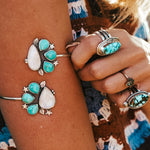 Boho Arm Band in Kingman Turquoise & Rainbow Moonstone - Golden Road Crafted