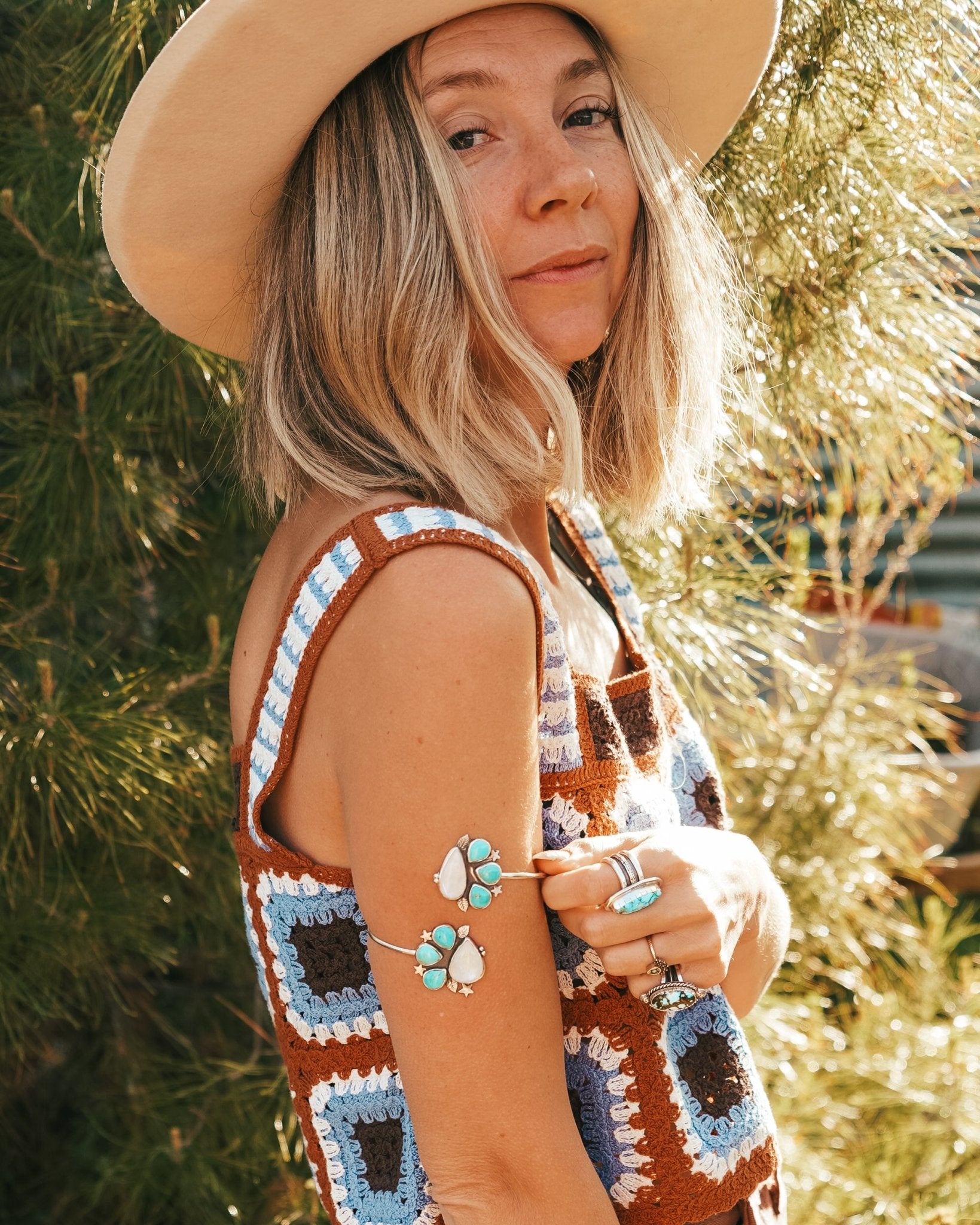 Boho Arm Band in Kingman Turquoise & Rainbow Moonstone - Golden Road Crafted