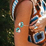 Boho Arm Band in Kingman Turquoise & Rainbow Moonstone - Golden Road Crafted