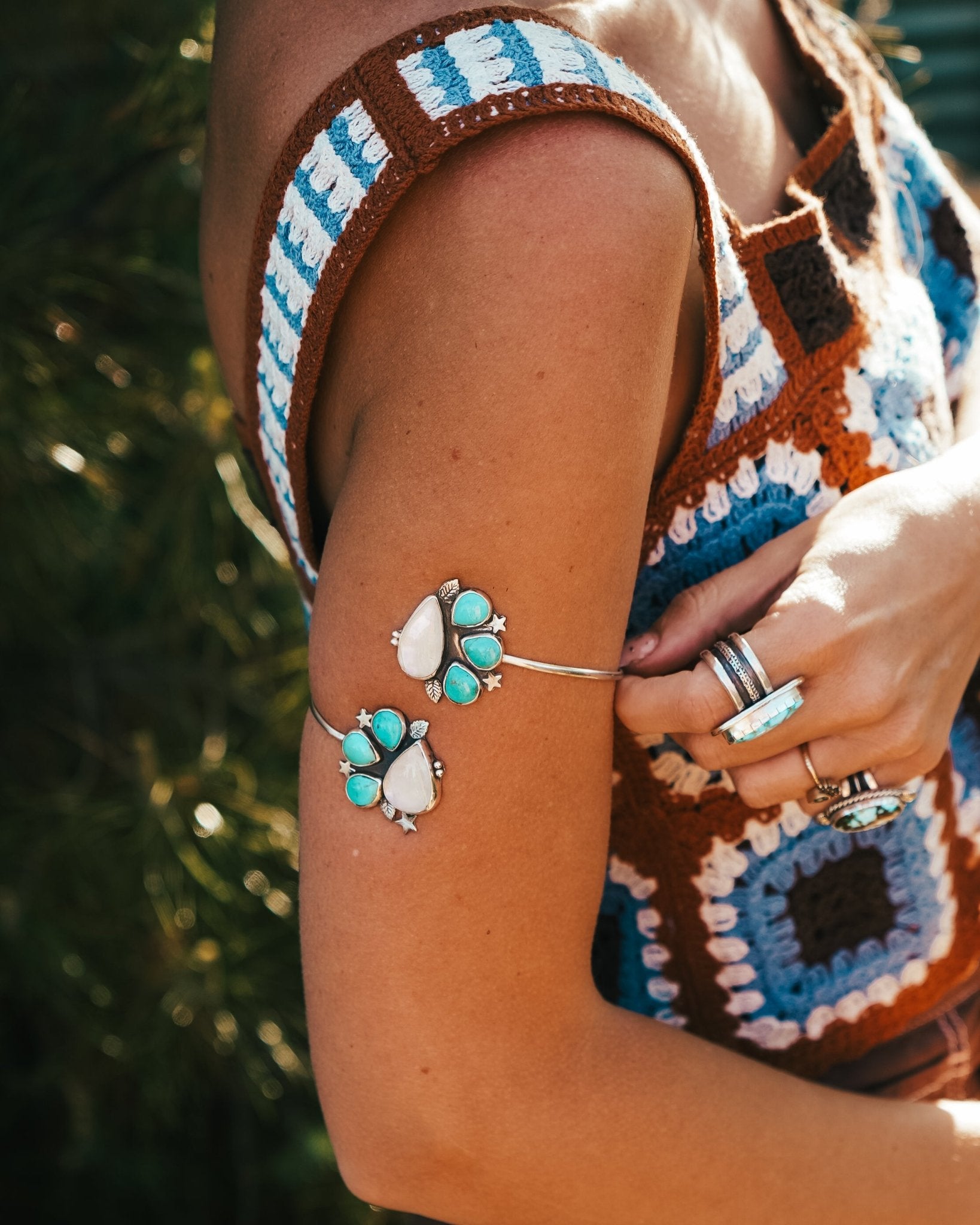 Boho Arm Band in Kingman Turquoise & Rainbow Moonstone - Golden Road Crafted