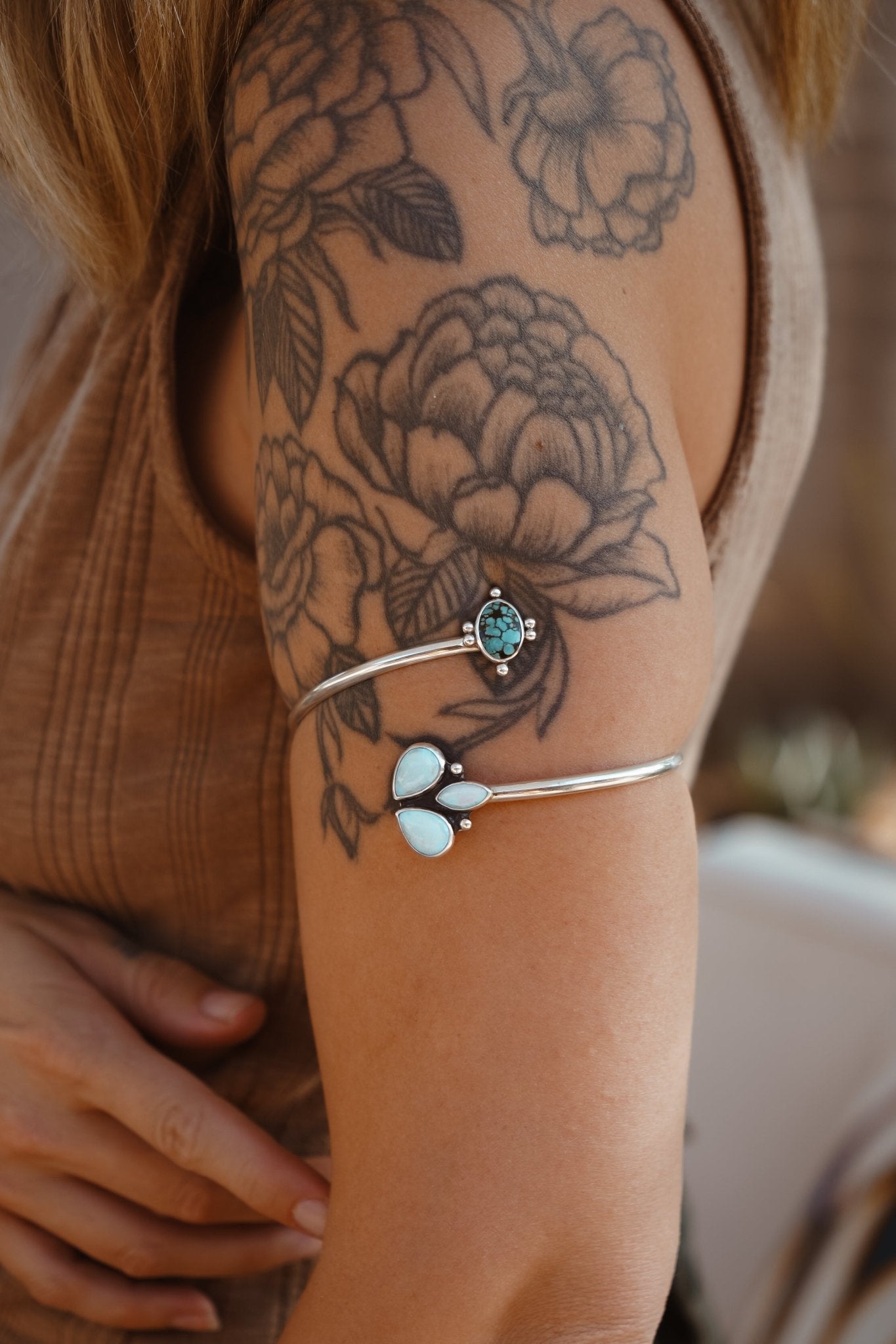 Boho Arm Band in Kingman Turquoise + Sterling Opal - Golden Road Crafted