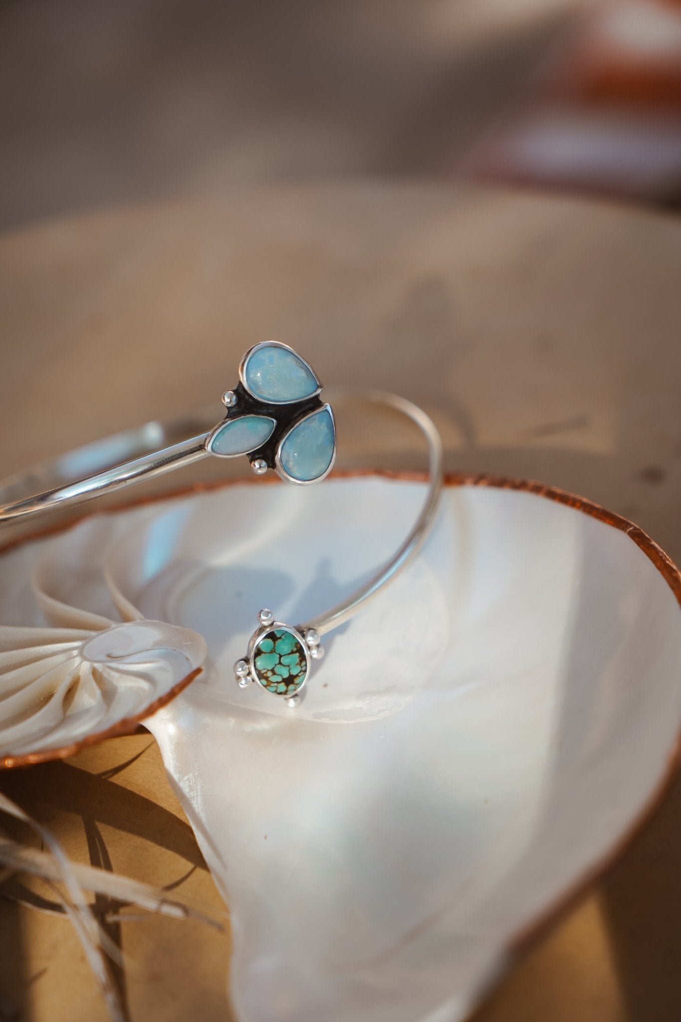 Boho Arm Band in Kingman Turquoise + Sterling Opal - Golden Road Crafted