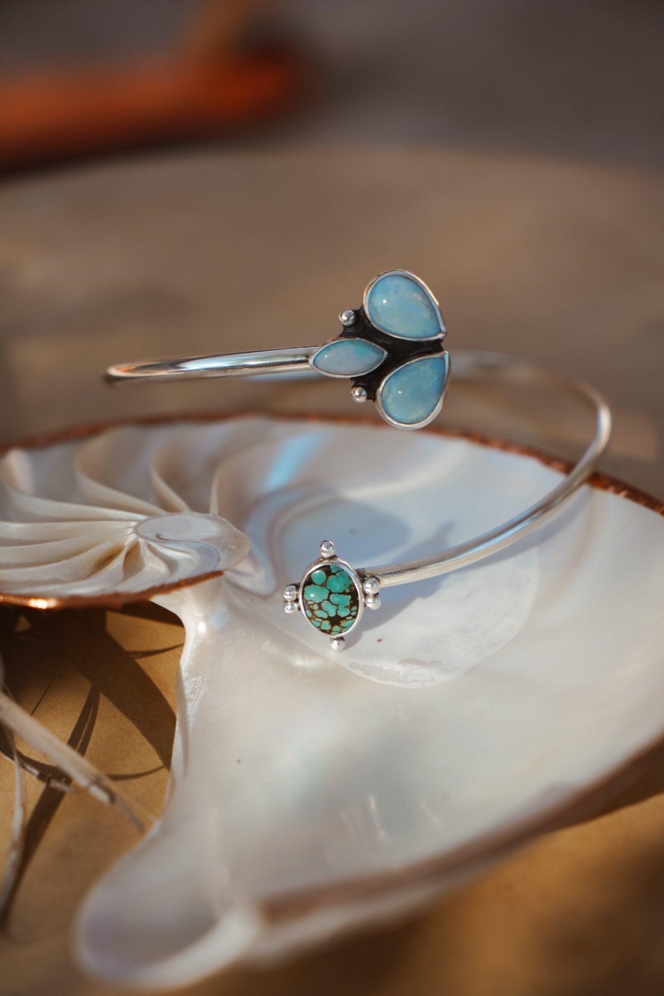 Boho Arm Band in Kingman Turquoise + Sterling Opal - Golden Road Crafted