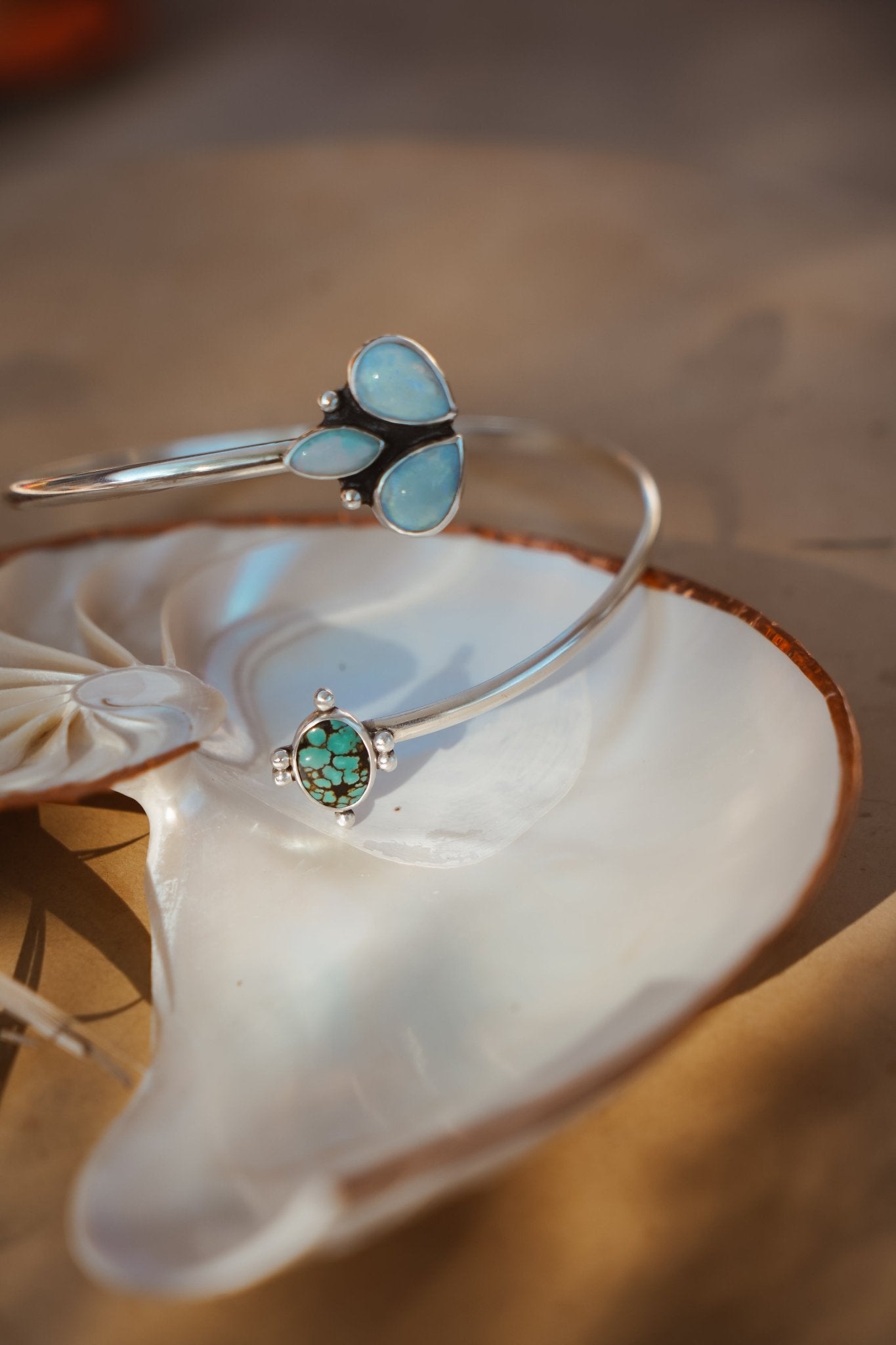 Boho Arm Band in Kingman Turquoise + Sterling Opal - Golden Road Crafted