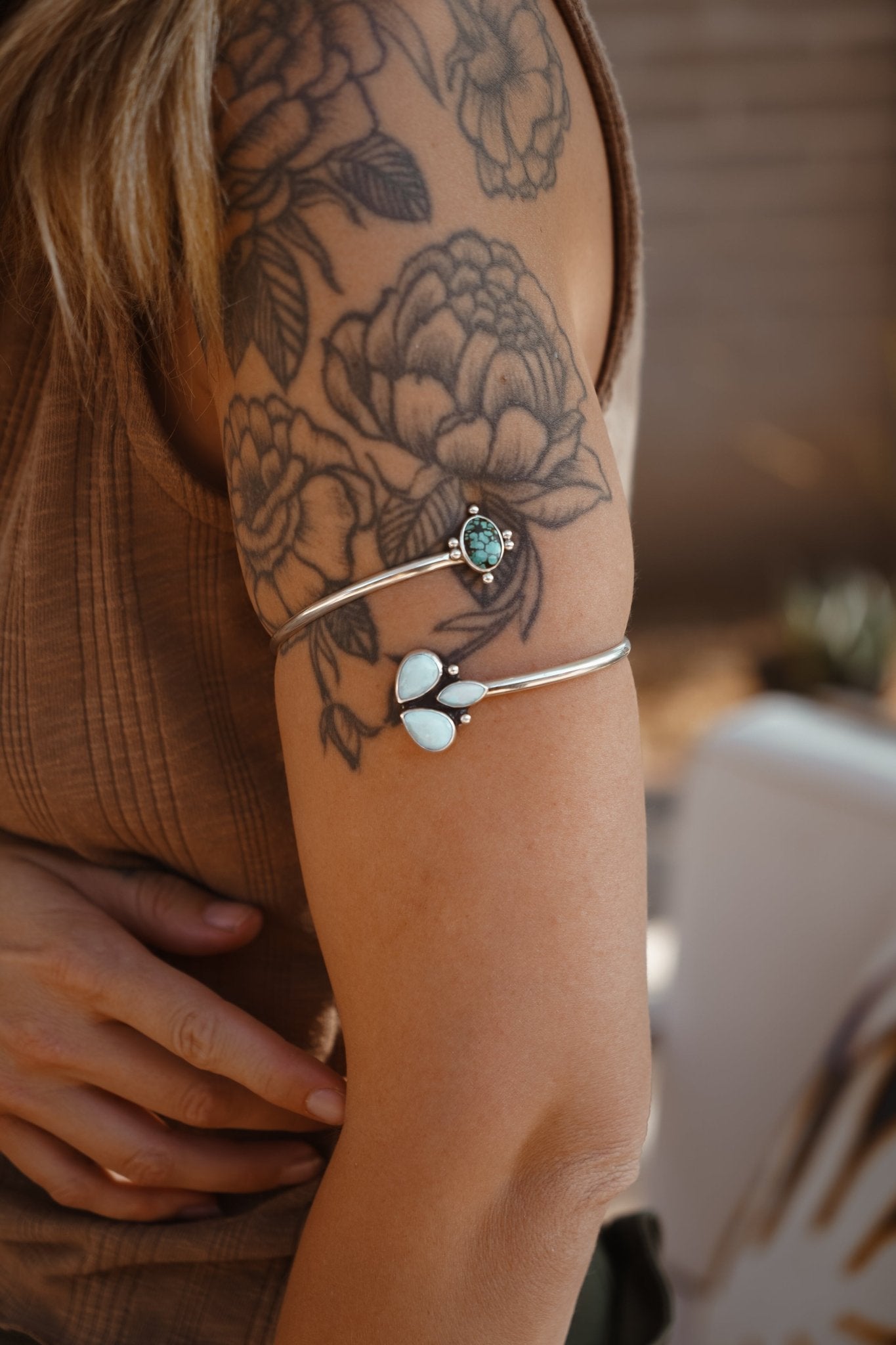 Boho Arm Band in Kingman Turquoise + Sterling Opal - Golden Road Crafted
