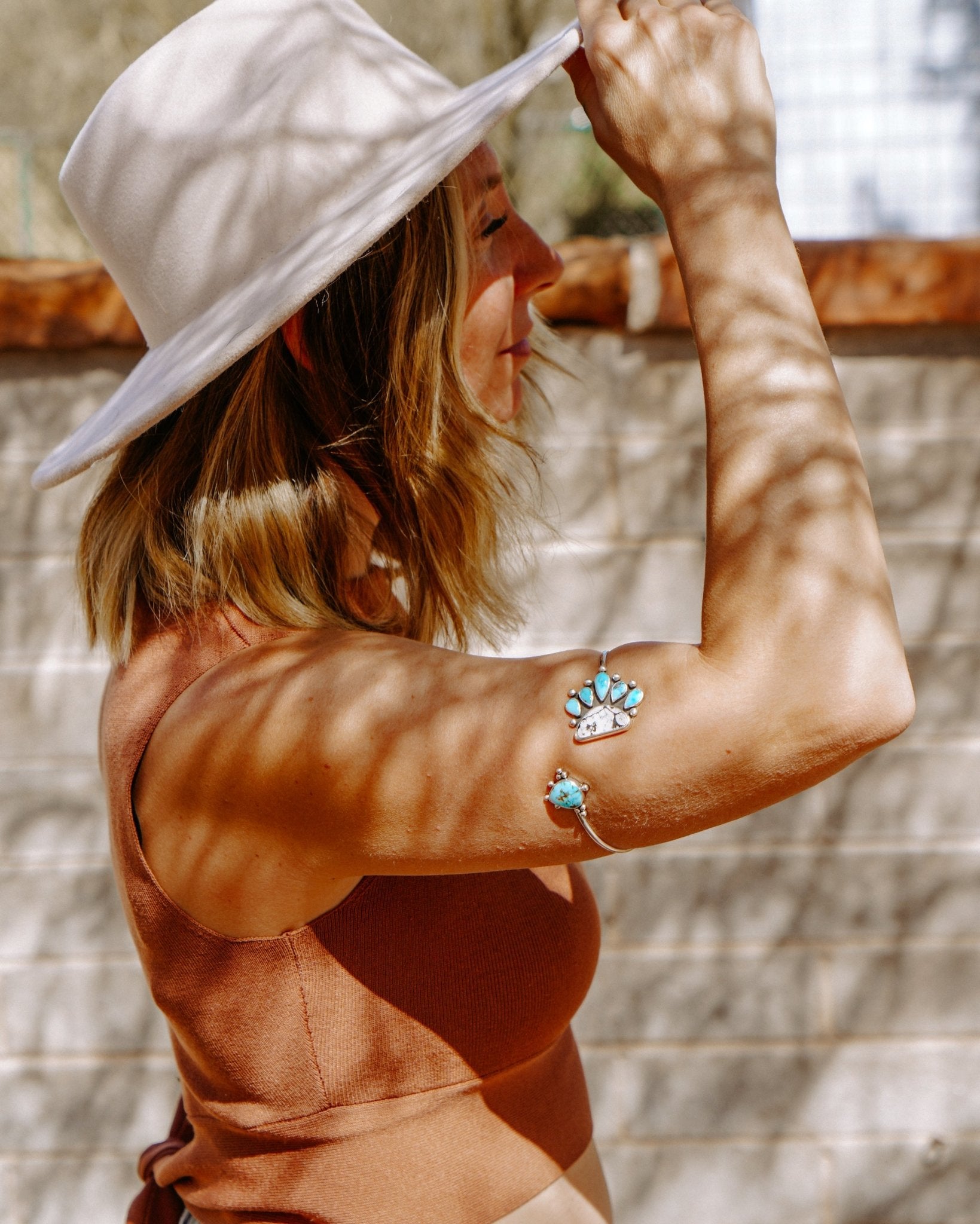 Boho Arm Band in Kingman Turquoise & White Buffalo - Golden Road Crafted