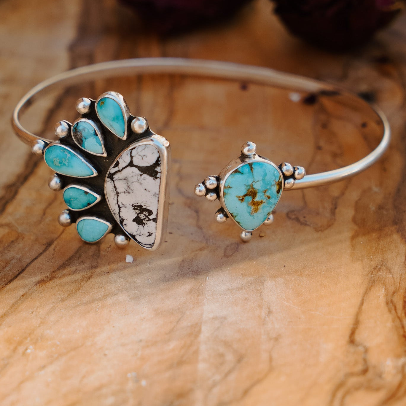 Boho Arm Band in Kingman Turquoise & White Buffalo - Golden Road Crafted