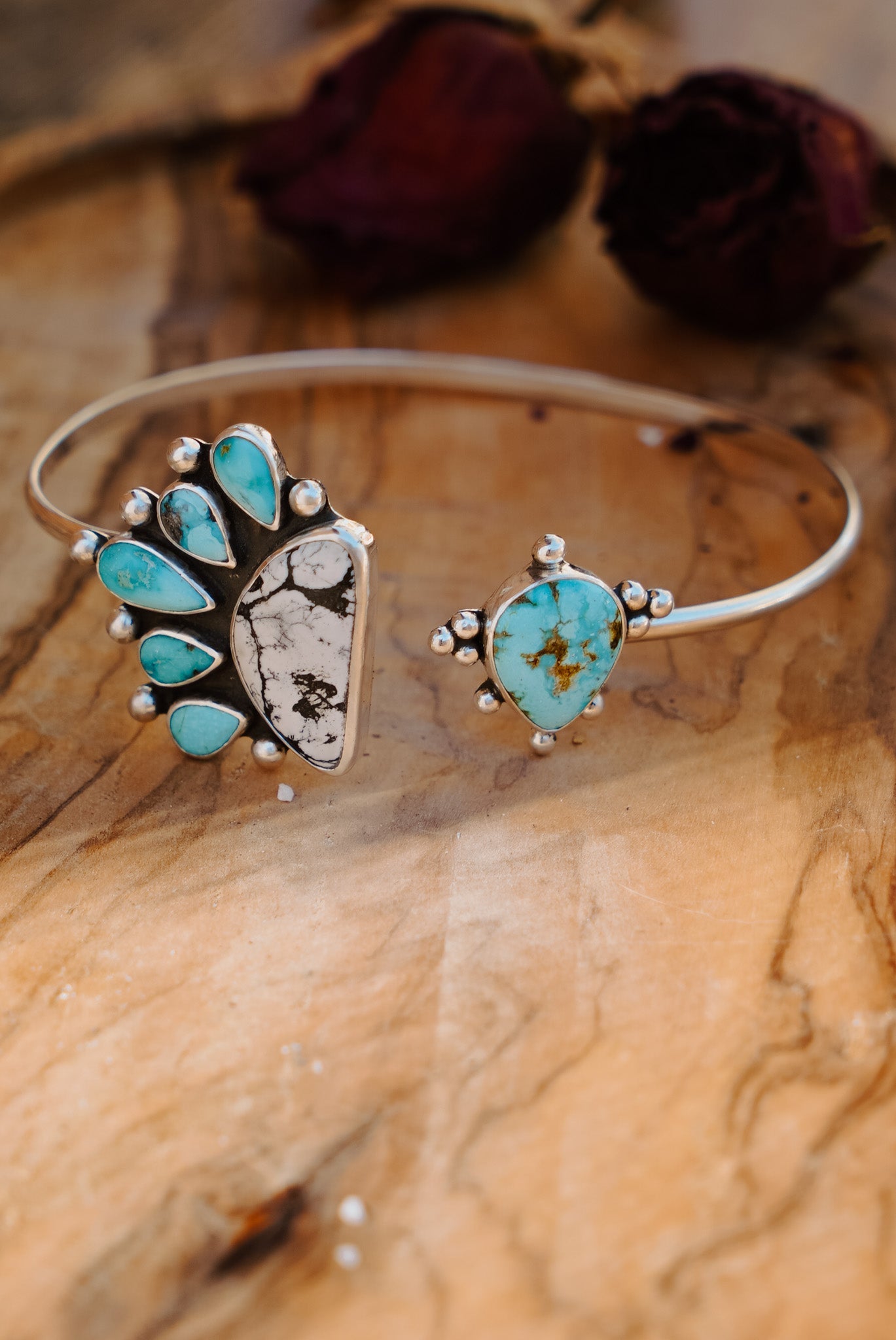 Boho Arm Band in Kingman Turquoise & White Buffalo - Golden Road Crafted