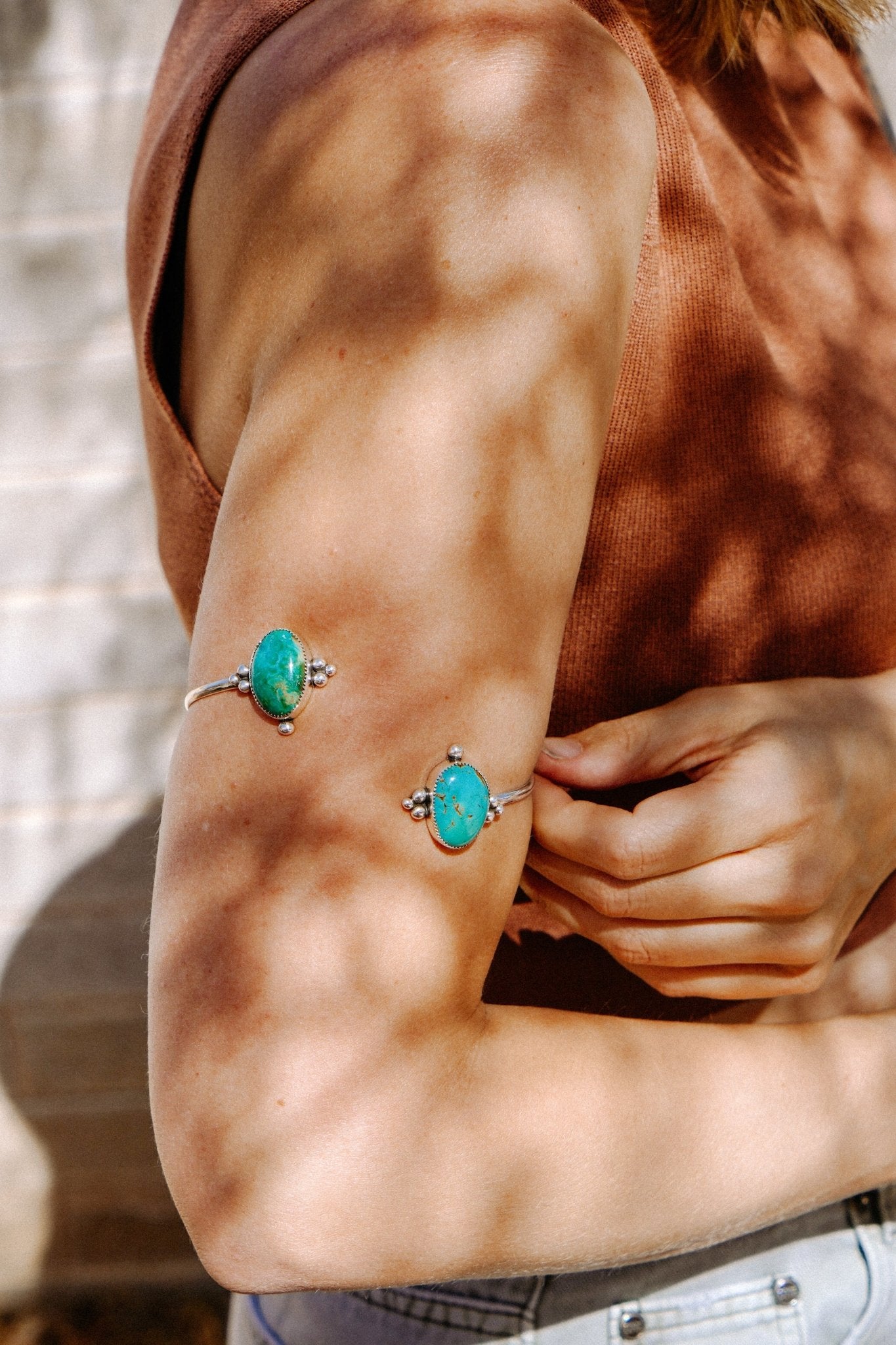 Boho Arm Band in Royston & Kingman Turquoise - Golden Road Crafted