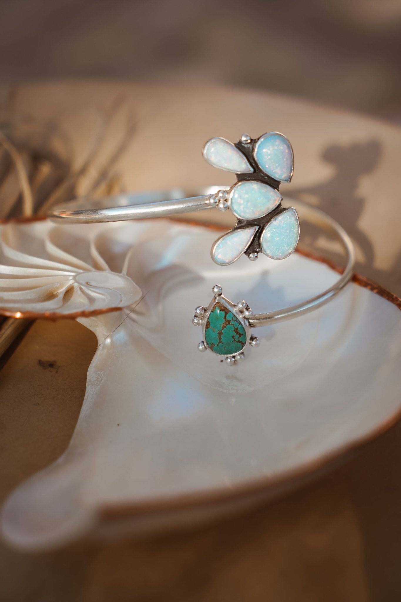 Boho Arm Band in Sterling Opal + Turquoise - Golden Road Crafted
