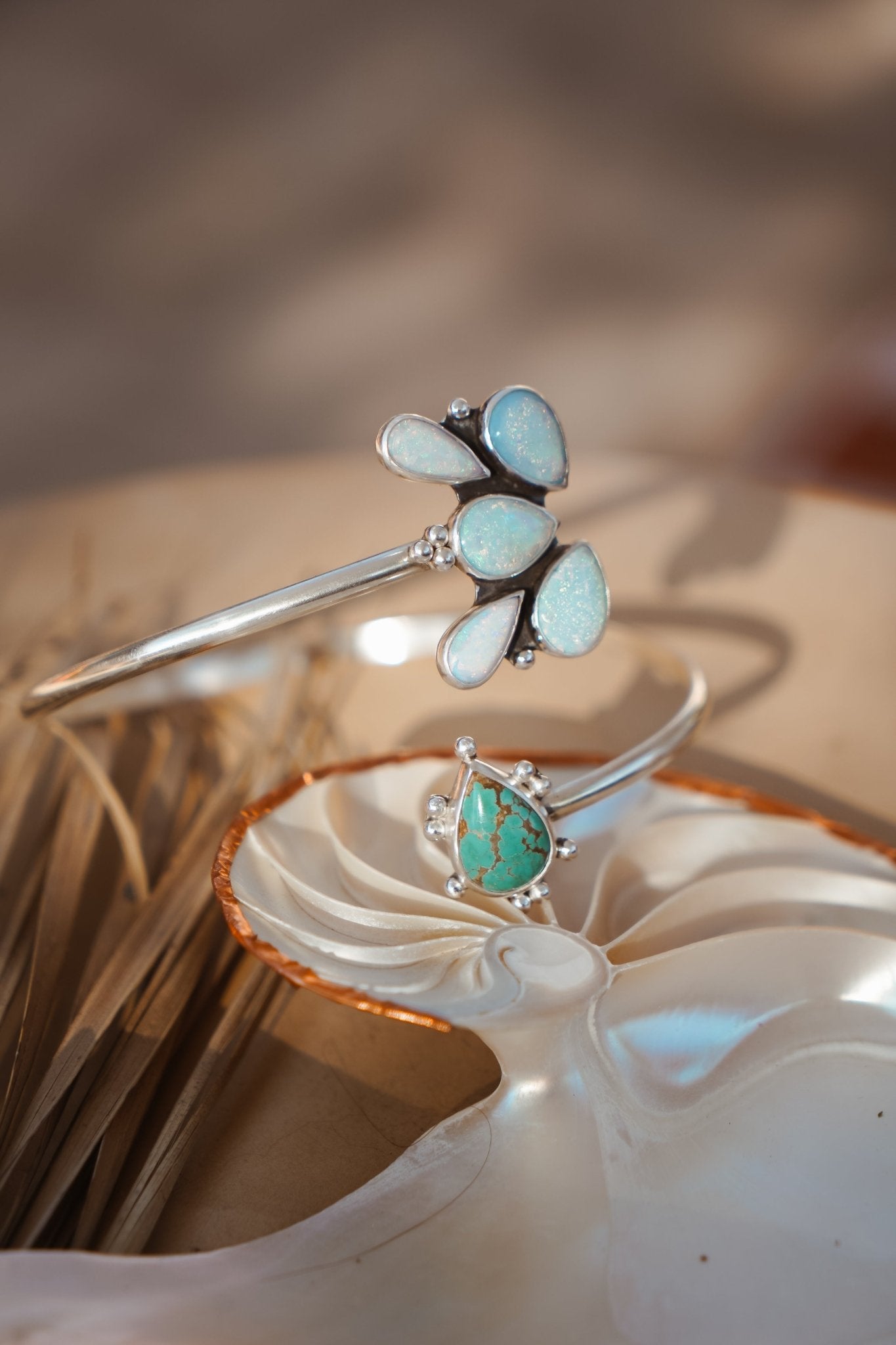 Boho Arm Band in Sterling Opal + Turquoise - Golden Road Crafted