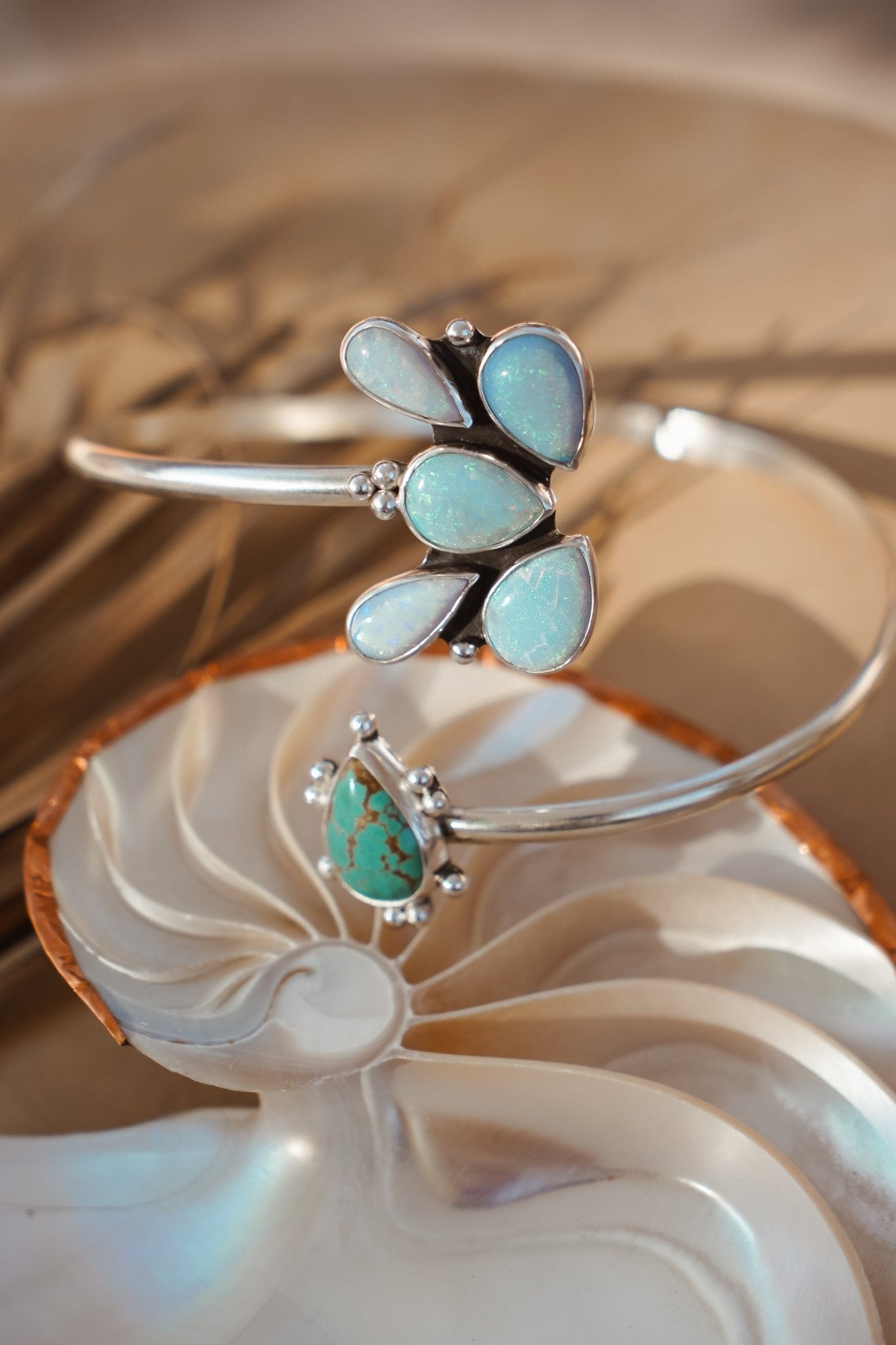 Boho Arm Band in Sterling Opal + Turquoise - Golden Road Crafted