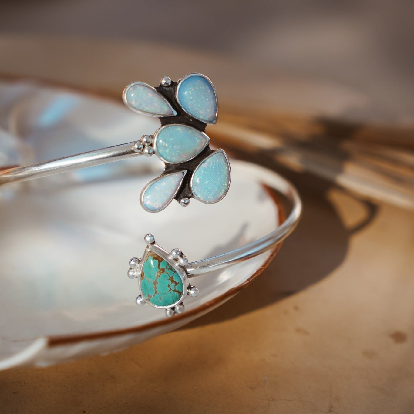 Boho Arm Band in Sterling Opal + Turquoise - Golden Road Crafted